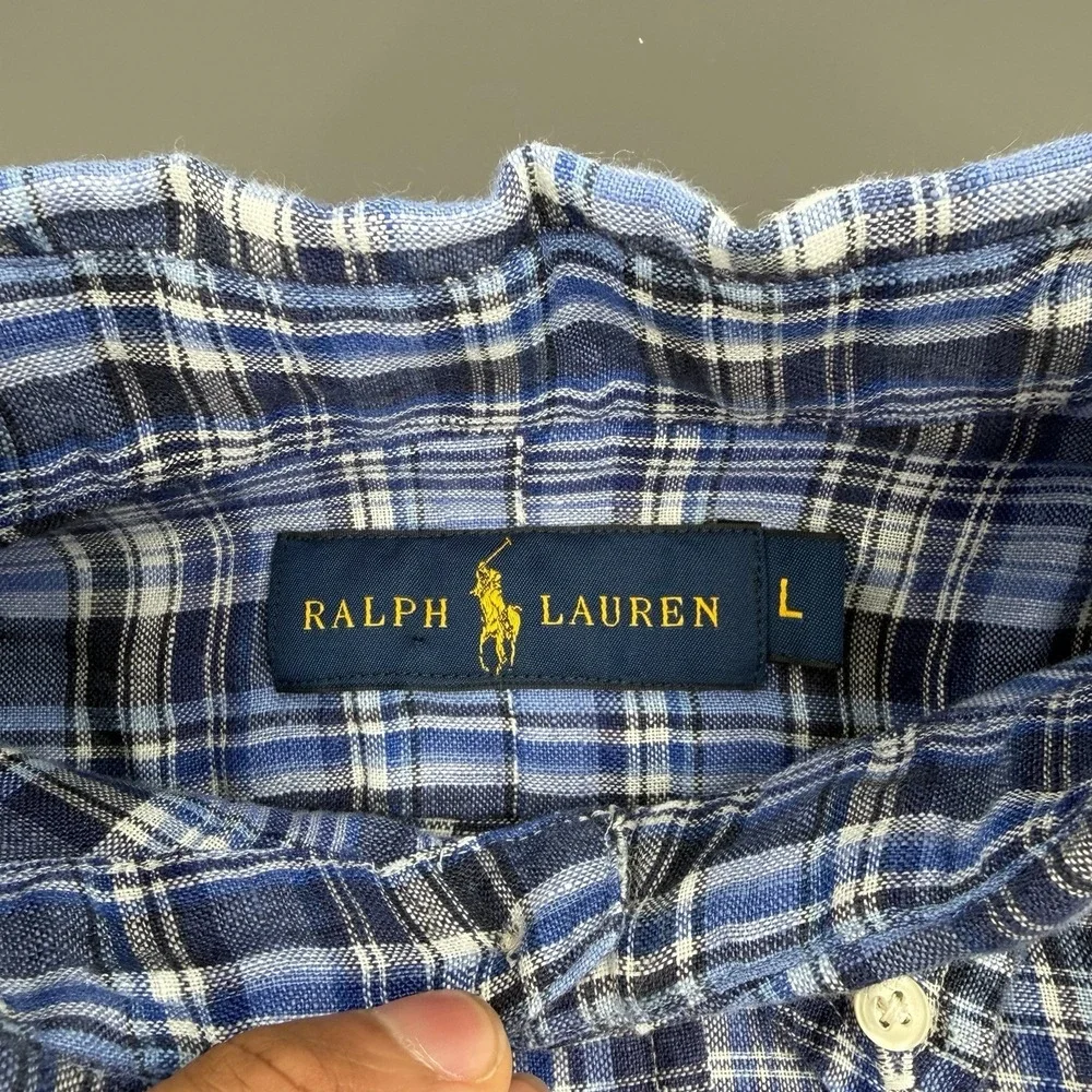 NWT Polo Ralph Lauren BLUE Plaid LINEN Shirt Men's Classic L Navy Blue Pony‎